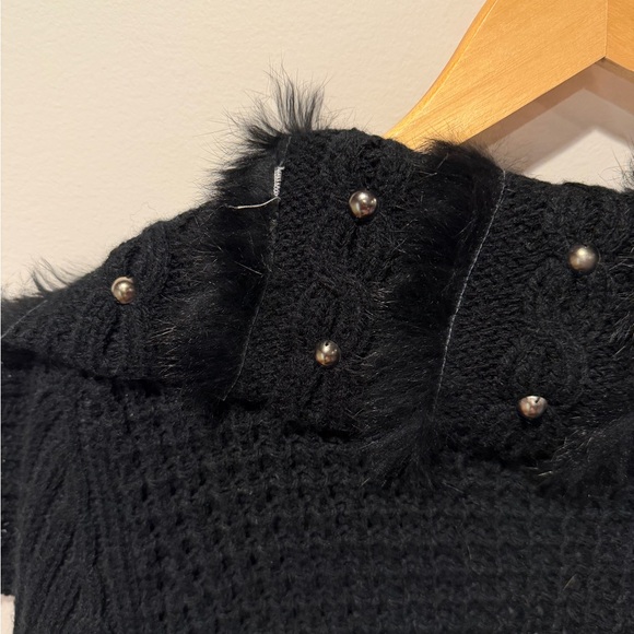 John Fashion Black Mixed Knit Longline Cardigan Faux Fur Collar & Studs - M - Picture 10 of 11